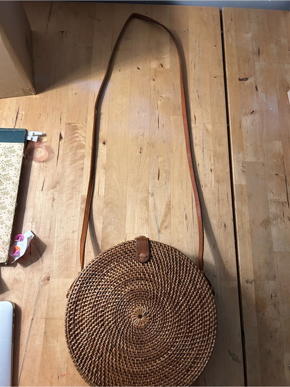 Round Woven Crossbody Bag in Tan Round Rattan Shoulder